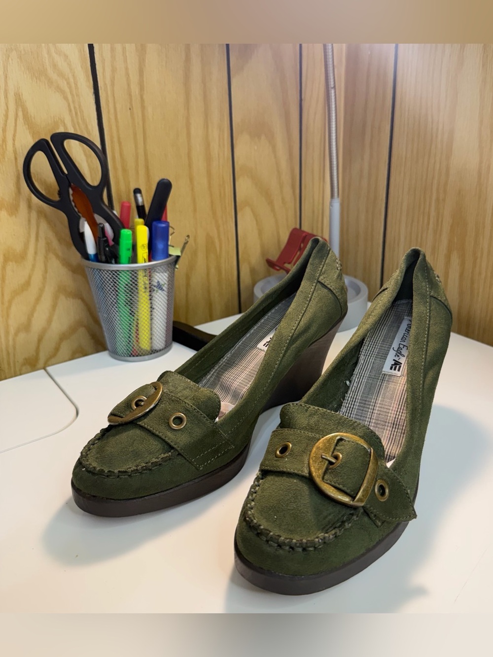 American Eagle Outfitters Olive Green Suede Wedge Loafers with Buckle